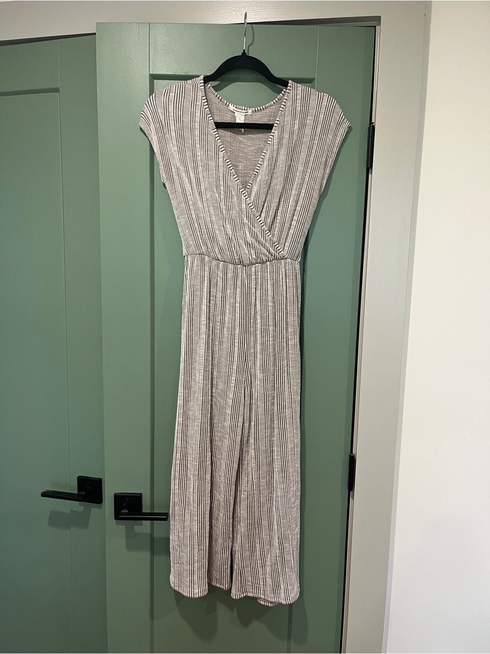 Striped V-Neck Jumpsuit in Light Toupe and White